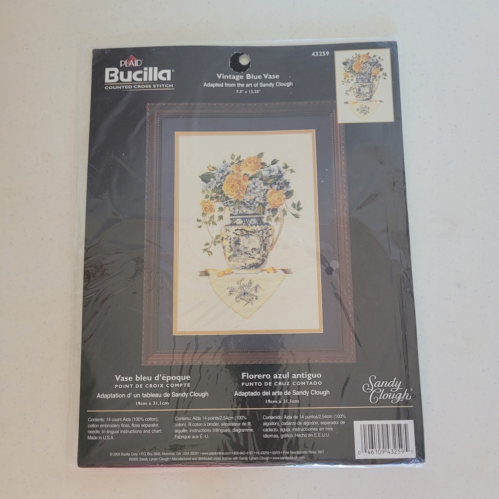 Bucilla Plaid Vintage Blue Vase Counted Cross Stitch Kit Sandy Clough 43259 NIP